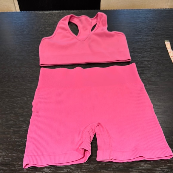Pants - Pink ribbed Sports Bra and Shorts Set
